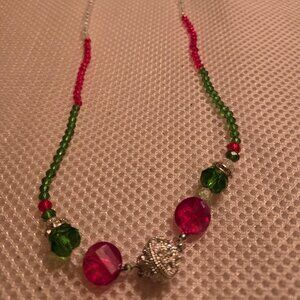 Red, green, & clear bead necklace with front closure with coordinating earrings